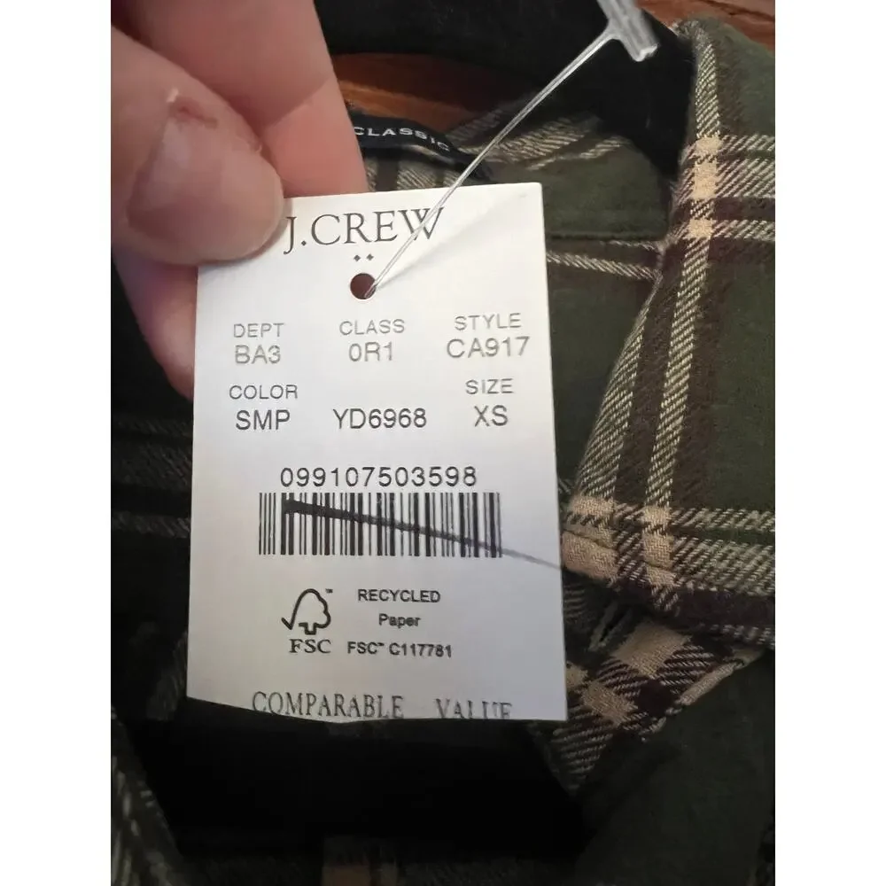 NWT J. Crew Men's Classic Flannel Shirt Plaid Spanish Moss Green Pale Oak SZ XS